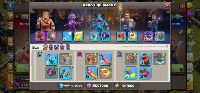 TH 17 Full Max, 4 Equipment Epic 1 Lv 27, Defense Full Max, Wall Full Max, 8 Hero Skin, Troops Max