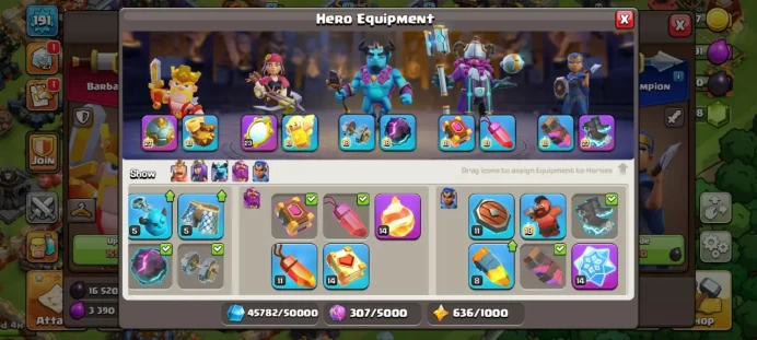 TH 18 max, 7 Equipment Epic 2 Lv 27, Defense Full Max, 4 Hero Skin, Troops Max (have 1686 stars war)