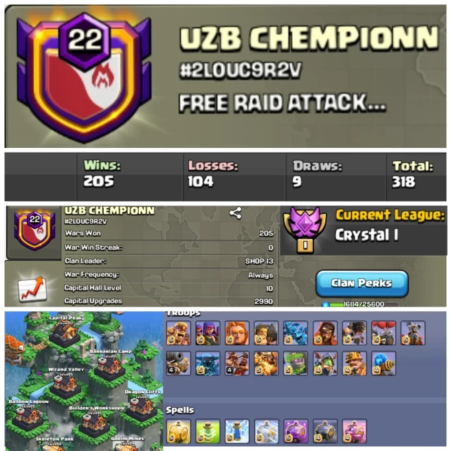 C25▰Name: UZB CHEMPIONN▰Lvl 22▰CWL Rank: Crystal 3▰Fully Max Out CP 10 Including Troops▰Positive War Log: 205▰Total War 318▰Fast Dlivry▰High Lvl