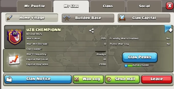 C25▰Name: UZB CHEMPIONN▰Lvl 22▰CWL Rank: Crystal 3▰Fully Max Out CP 10 Including Troops▰Positive War Log: 205▰Total War 318▰Fast Dlivry▰High Lvl