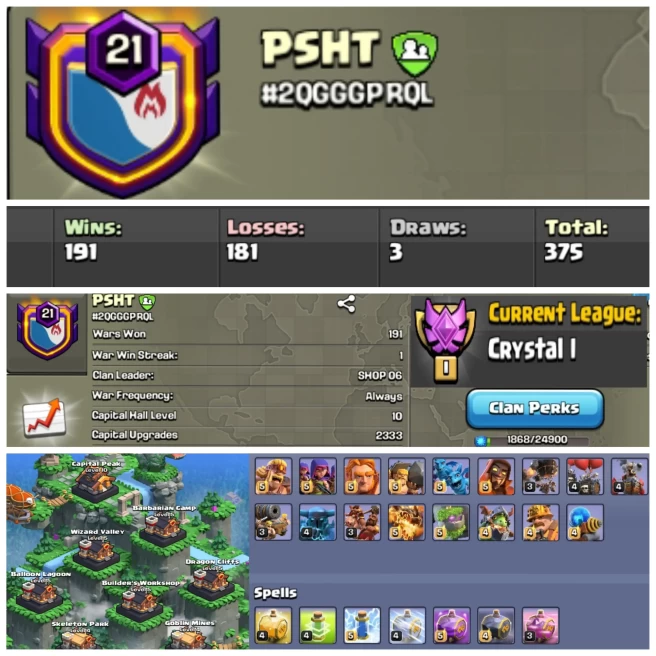 C18◆Rare Name: PSHT◆Lvl 21◆CWL: Crystal 1◆CP Lvl 10 Near Max+Troops/Spell◆Positive War Log: 190◆Instant Transfer Leader◆High Lvl