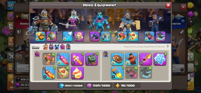 TH 17 Full Max, 13 Equipment Epic 2 Lv 27, Defense Full Max, Wall Full Max, 6 Hero Skin, 1 Skin map, Troops Max