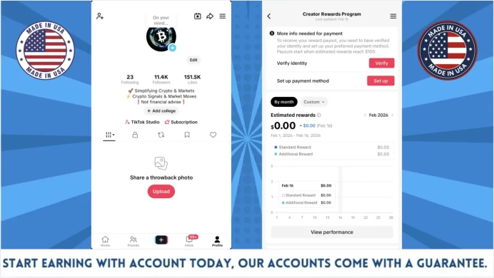 100% Monetized USA Account Creator Rewards Program Active | 11k Real Followers & 151k Likes | Real Screenshots + Full Access + Email Included