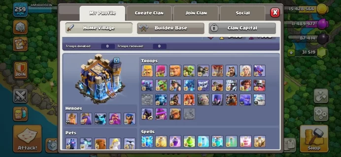 Th_18(XP 259)(31 K GEM)(3 HEROS MAX)(DEF & TROPE & PET WALL MAX)(LIFTIME WARANTY)(11 SKIN HERO)(18 EQUIPMENT EPIC MAX)(359 l.m)