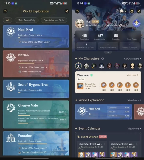 All PLatform - EU - AR58 - 58 Character 17 5'Star - 8 Weapon 5'Star - Zibai - Chasca - Nahida - Hu Tao - Zhongli - Code1400