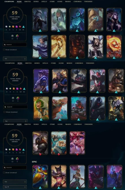EUNE - Unranked - 59 Skin - Level 106 - OE 1600 - BE 11.5k - RP25 - Champion 94 - 4Shards - 1 Chest - Code1402