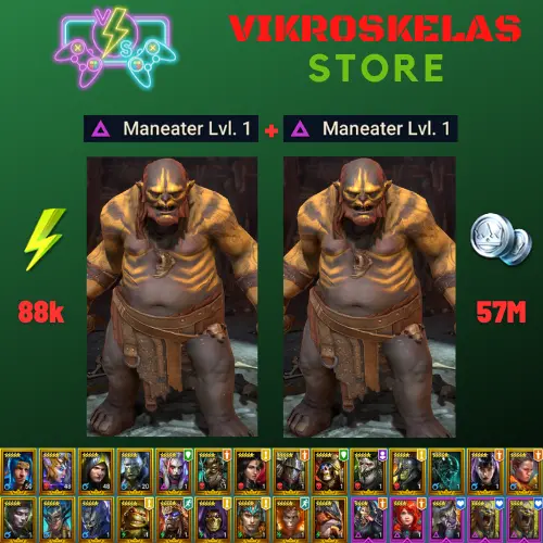 Starter acc with 2 Maneaters : 88k energy / 57 mln coins / Foli, Robar, Arix, Ninja + 19 Login Legendaries / Pain Keeper 3x