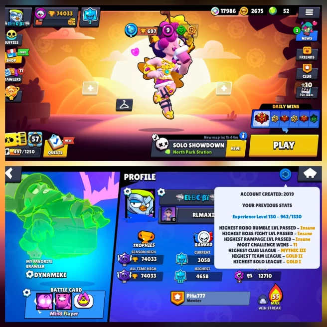 SEXXY BS 74k TROPHY, 99/99 BRAWLERS, 42 HYPERCHARGED, 340 OP SKINS [13 MYTHIC+9 LEGENDARY+6 HYPERCHARGED] ,746 PINS, 339  ICON, 185 SPRAYS 
