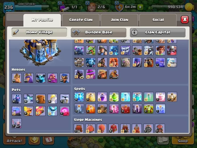 Th 18 max/Hero (90.100.75.76.47) wall 18.19( 72 wall max)1 skin map/level 236/ Active gold pas/280 medal league/Lifetime warranty(C2194)