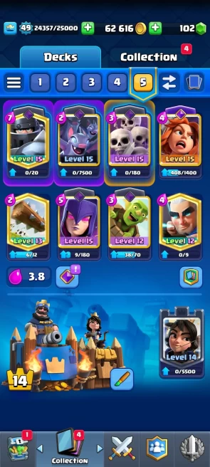 Level 49/8 card max(6 elite) 9800 cup/62 k gold/102 gem/Lifetime warranty(C2186)