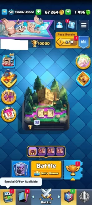 KT : 15 | Level : 58 | Cup : 10000 | Max Cards :  | Lvl 15 Cards : 11 | Lvl 14 Cards : 45 | Evo Cards : 13 | Emotes : 107 | Gems : 1496