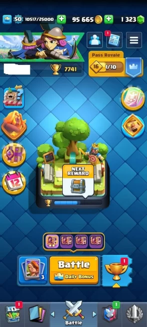 KT : 14 | Level : 50 | Cup : 7741 | Max Cards :  | Lvl 15 Cards : 1 | Lvl 14 Cards : 32 | Evo Cards : 3 | Emotes : 91 | Gems : 1323