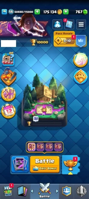 KT : 15 | Level : 56 | Cup : 10000 | Max Cards :  | Lvl 15 Cards : 8 | Lvl 14 Cards : 23 | Evo Cards : 14 | Emotes : 77 | Gems : 767