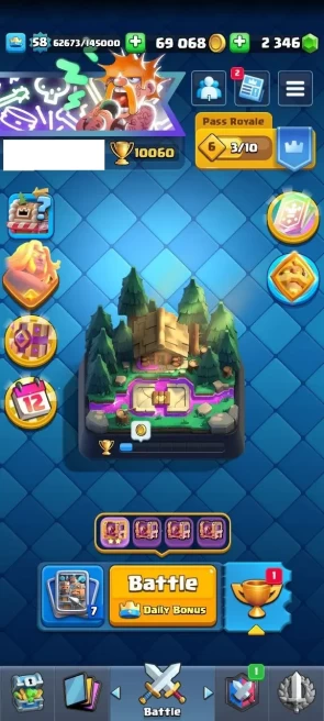 KT : 15 | Level : 58 | Cup : 10060 | Max Cards :  | Lvl 15 Cards : 5 | Lvl 14 Cards : 77 | Evo Cards : 2 | Emotes : 102 | Gems : 2346
