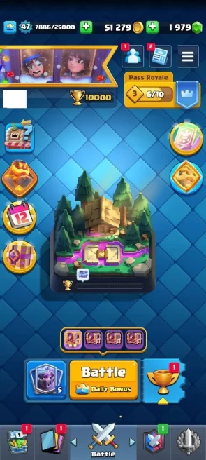 KT : 14 | Level : 47 | Cup : 10000 | Max Cards :  | Lvl 15 Cards : 3 | Lvl 14 Cards : 14 | Evo Cards : 3 | Emotes : 32 | Gems : 1979