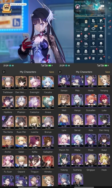 All Platform - EU - Level 70 - 47 Character 21 5'Star - 10 Weapon 5'Star - Hysilens - Evernight - Castorice - Phainon - Anaxa - Code1412