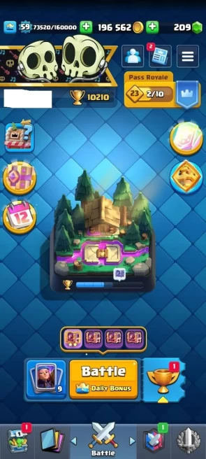 KT : 15 | Level : 59 | Cup : 10210 | Max Cards :  | Lvl 15 Cards : 6 | Lvl 14 Cards : 40 | Evo Cards : 9 | Emotes : 102 | Gems : 209