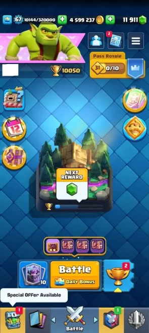 KT : 15 | Level : 11911 | Cup : 10050 | Max Cards : | Lvl 15 Cards : 25 | Lvl 14 Cards : 117 | Evo Cards : 16 | Emotes : 101 | Gems : 11911