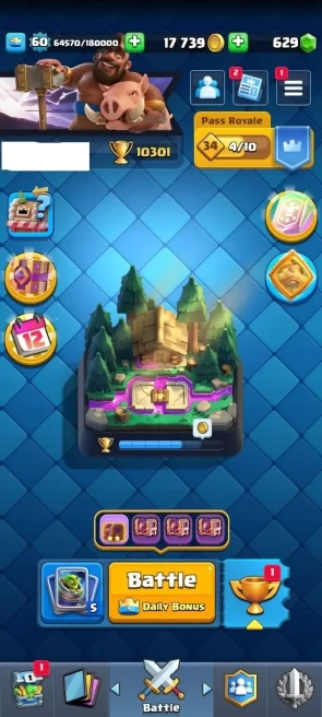 KT : 15 | Level : 60 | Cup : 10301 | Max Cards :  | Lvl 15 Cards : 1 | Lvl 14 Cards : 65 | Evo Cards : 14 | Emotes : 127 | Gems : 629