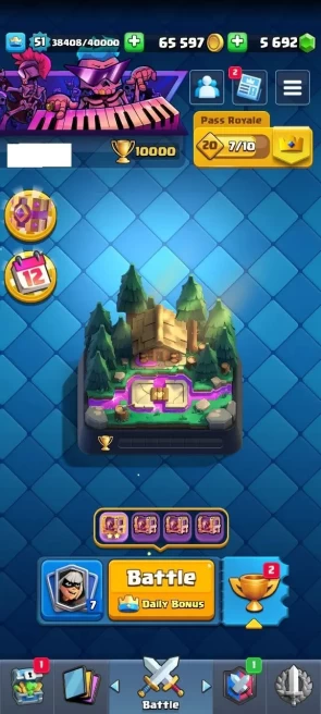 KT : 14 | Level : 51 | Cup : 10000 | Max Cards :  | Lvl 15 Cards : 1 | Lvl 14 Cards : 43 | Evo Cards : 1 | Emotes : 68 | Gems : 5692