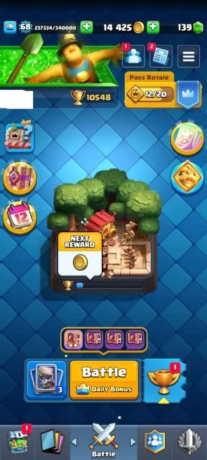 KT : 15 | Level : 68 | Cup : 10548 | Max Cards :  | Lvl 15 Cards : 35 | Lvl 14 Cards : 100 | Evo Cards : 22 | Emotes : 200 | Gems : 139