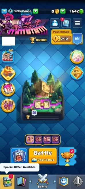 KT : 15 | Level : 57 | Cup : 10000 | Max Cards : | Lvl 15 Cards : 8 | Lvl 14 Cards : 52 | Evo Cards : 11 | Emotes : 45 | Gems : 1642