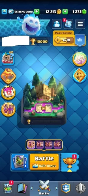 KT : 15 | Level : 57 | Cup : 10000 | Max Cards :  | Lvl 15 Cards : 10 | Lvl 14 Cards : 52 | Evo Cards : 9 | Emotes : 142 | Gems : 1272