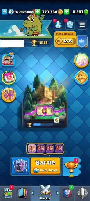 KT : 15 | Level : 65 | Cup : 10123 | Max Cards :  | Lvl 15 Cards : 32 | Lvl 14 Cards : 102 | Evo Cards : 21 | Emotes : 196 | Gems : 8287