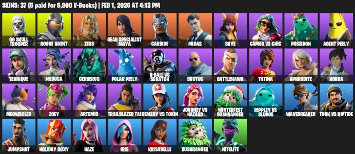 37 Skins | og skull trooper | gold midas | rogue agent | carbide