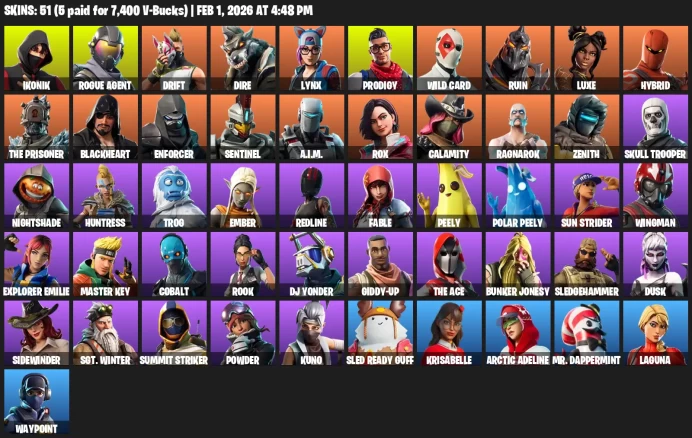 51 skins | IKONIK | Rogue Agent | Drift | Dire | Lynx | Skull Trooper |