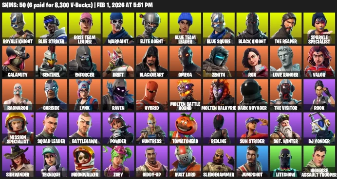 50 Skins | Black Knight | Sparkle Specialist | Blue Squire | Royale Knight | Rose Team Leader | Warpaint | OG STW | 1600