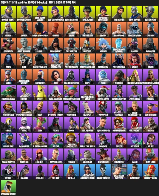 111 Skins | Rogue Agent, Royale Knight, Black Knight, Trailblazer, Sparkle Specialist, Blue Squire, Elite Agent