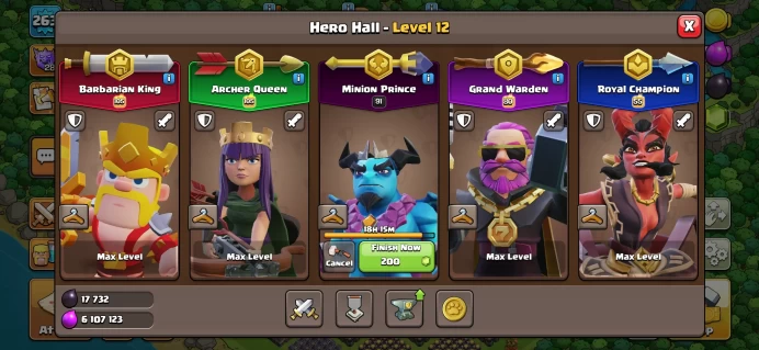 Th18 Full max rare/4 hero max/have 31.000 gem/star war 4990 ! Full EPIC HeRO Equipment(9max/2numbr 26) 1000 medal leauqe/  Helper max gold activ