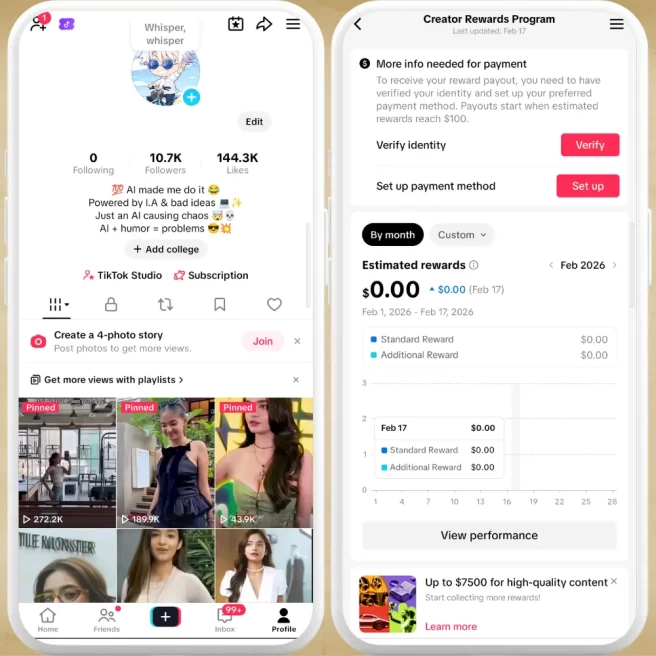 US Fully Monetized Creator Rewards Program Account – 10K Real Followers & 143K Likes | Instant Earnings, Full Access & Account in Good Standing