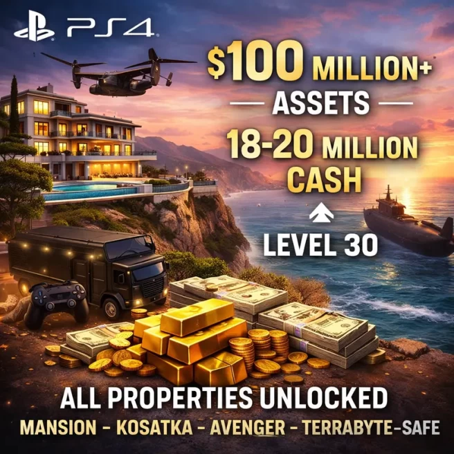 PS4 GTA Online Account – 100M Assets – 18–20M Cash – Level –100 – All Properties Unlocked – Mansion – Kosatka – Avenger – Terrorbyte
