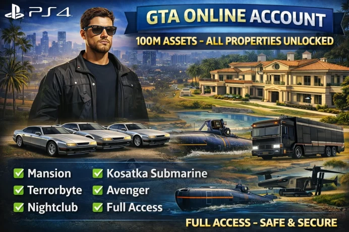 PS4 GTA Online Account – 100M Assets – 18–20M Cash – Level 83 – All Properties Unlocked – Mansion – Kosatka – Avenger – Terrorbyte