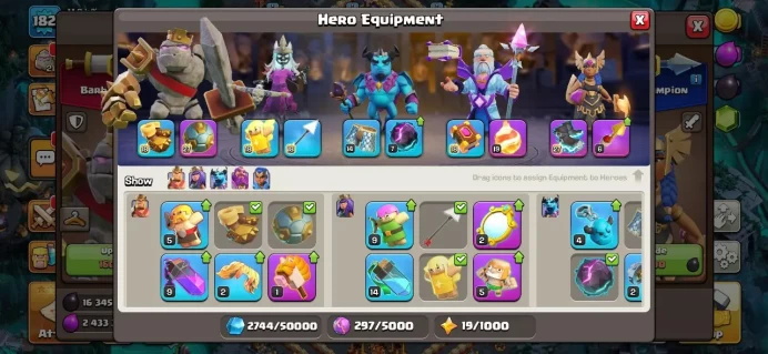 TH 16 Max, 10 Equipment Epic, Defense Max, 8 Hero Skin, Wall Max, Magic Items, Troops Max