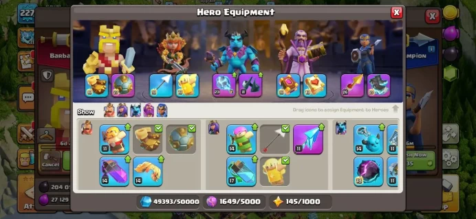 TH 18 Max, 8 Equipment Epic 3 Lv 27, Hero Max, Wall Max, Defense Max, 5 Hero Skin