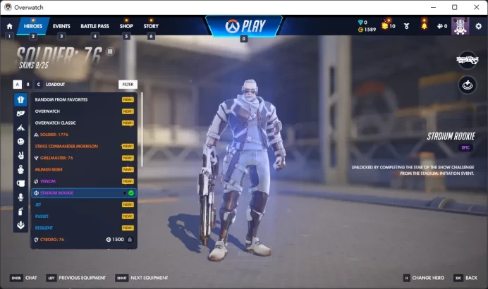 1500 Overwatch Coins  /  STADIUM ELITE / 2 Gold Weapons / Full Mail Access / see the picture / Please Read Description / shinl8