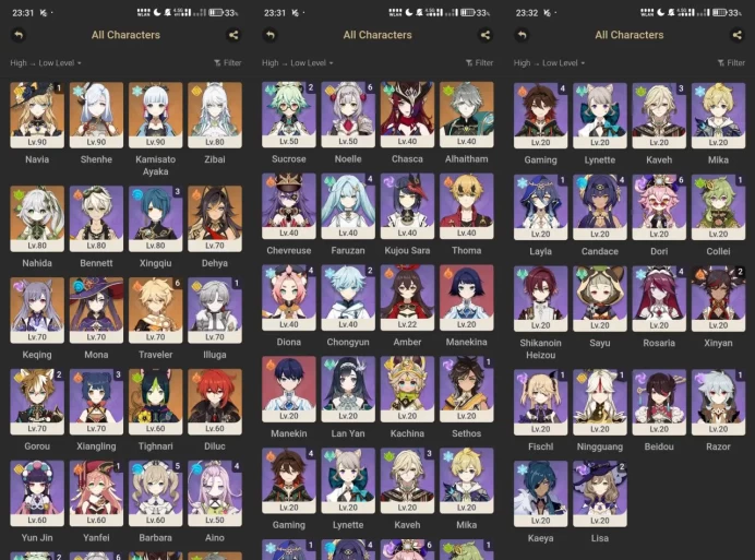 All Platform - EU - AR56 - 54 Character 15 5'Star - 8 Weapon 5'Star - Zibai - Chasca - Nahida - Shenhe - Navia - Code1453
