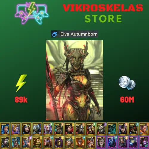 Starter acc with Elva : 89k energy / 60 mln coins / Teela, Arix, Ninja + 19 Login Legendaries / Madame Serris, Daithi