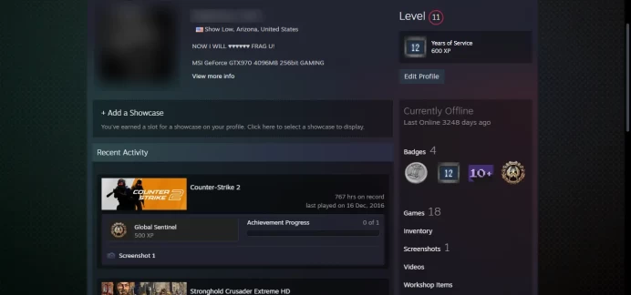 2015 Service Medal , 10Y + 10 other games + 11 Level Steam_Last Online 8 year ago_<30 Days Warranty>_Loyalty,5Y,Global Offensive Badge_767 hrs