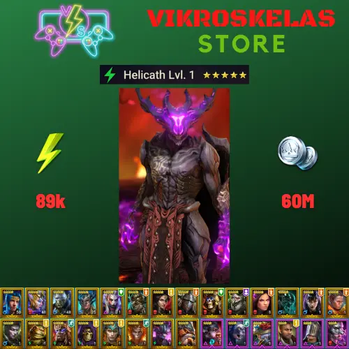 Starter acc with Helicath : 89k energy / 60 mln coins / Zavia, Arix, Ninja + 18 Login Legendaries / Geomancer / Coldheart 3x