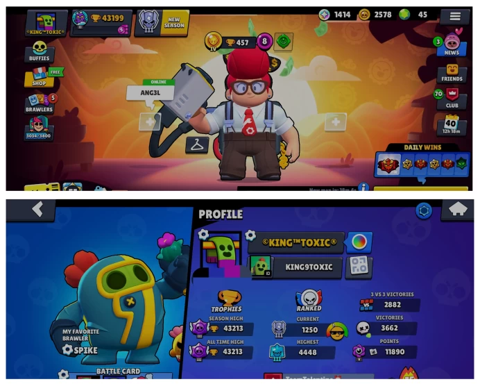 SEXXY BS 43k TROPHY, 86/99 UNLOCKED, 8 HYPERCHARGED,1 MAXED BRAWLERS , 126 OP SKINS [1 MYTHIC+2 LEGENDARY+1 HC] , 276 PINS, 189 ICON,89 SPRAYS