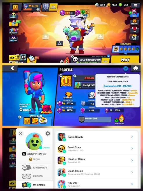 COMBO BS+CR, 37.3k TROPHY, 21 HYPER, 7 MAXED, 154 SKINS, 377 PINS, 231ICON, + 7 YR OLD CR 10.6k CUP, [2- Max, 7- L15, 17- L14], 10 EVO, LEVEL 59