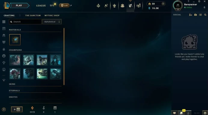 EUW - Unranked - 5 Skin - Level 10 - OE 2478 - BE 15.3k - RP 30 - Champion 16 - 8 Shards - 1 Chest - Code1461