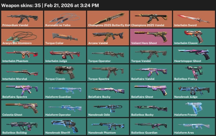 EU Full Access | 35 Skins Champions 2025 Bundle+Kuronami no Yaiba+Primordium Vandal+Valiant Hero Ghost+Araxys Bio-Atomizers+Arcane Vandal+more