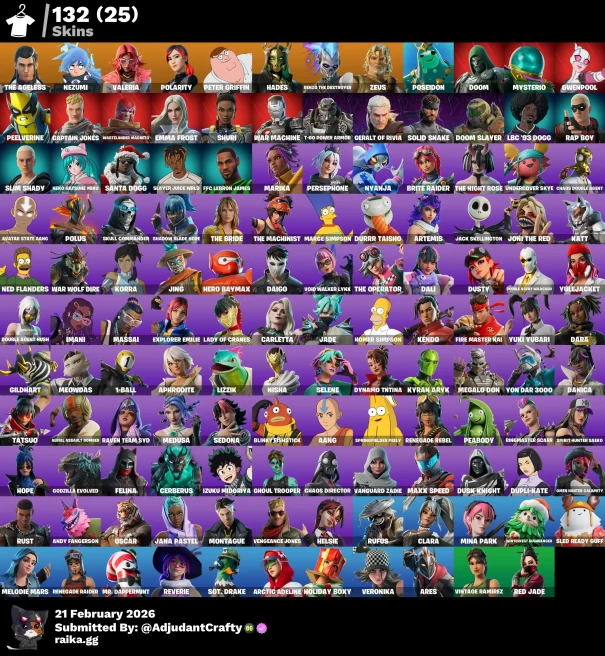 [Code 9359] [PC] 132 skins | Renegade Raider | The Ageless | Nezumi | Valeria | Polarity | Peter Griffin | Hades | Renzo the Destroyer | Zeus | 