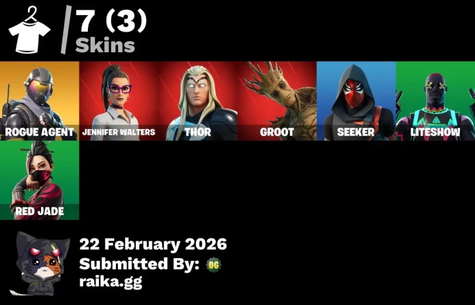 [ALL LINKABLE] FA | 7 skins | Rogue Agent | Jennifer Walters | Thor | Groot | Seeker | Liteshow | Red Jade