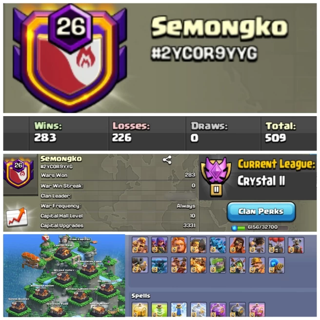 C34▰Clan Lvl 26▰Name: Semongko▰Capital Hall Lvl 10 Fully Max Out▰CWL Crystal 2▰Very Lowest Price▰High Lvl▰EXTRA ORDINARY STORE